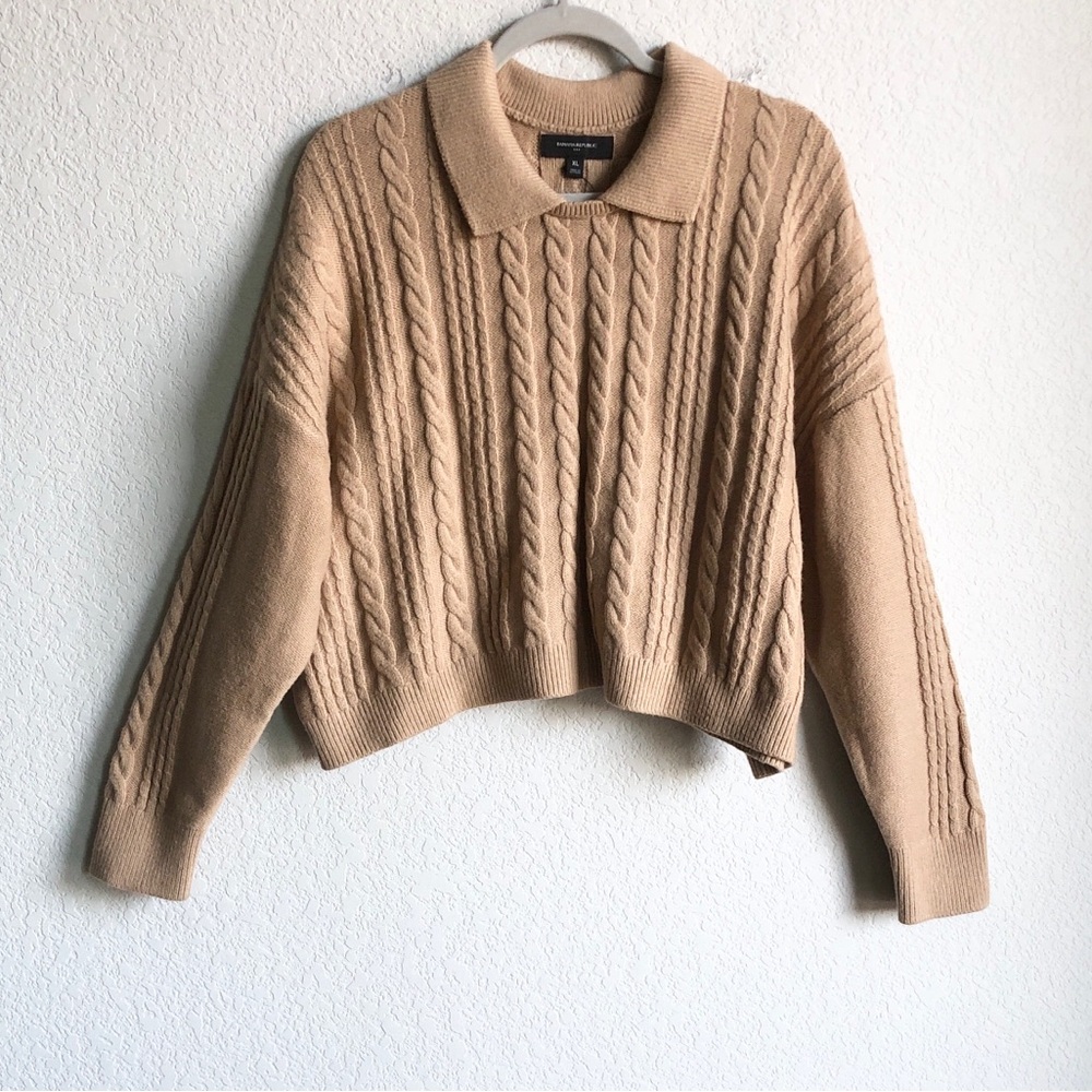 NWT Banana Republic Soft Cable Knit Sweater Collared Tan XL Cropped Boxy